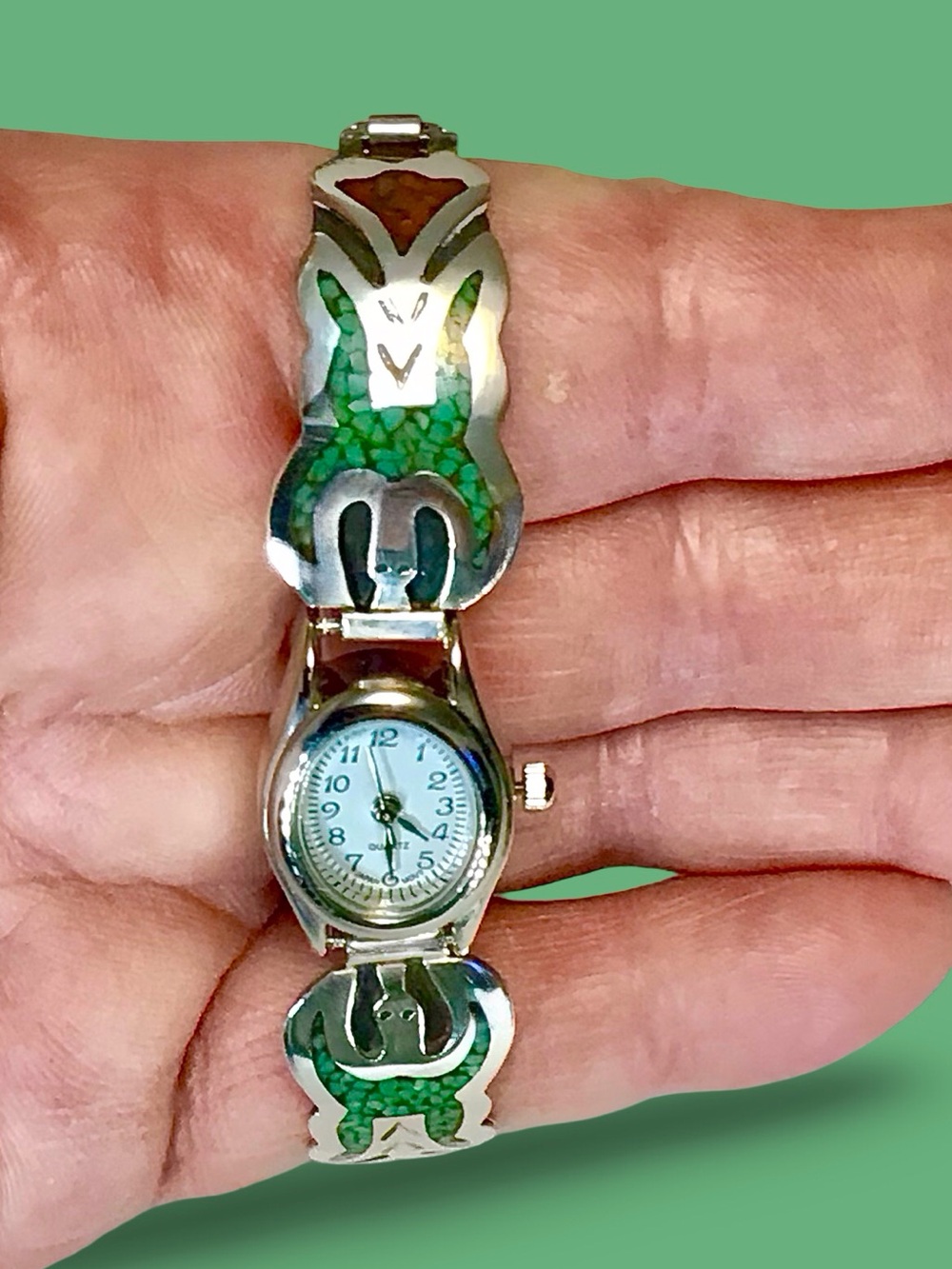 Ladies Solid Silver Navajo Turquoise/Coral Thunderbird Tips New Silver Watch
